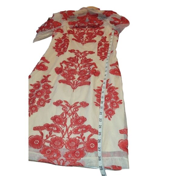 Forever Unique Rosier Frill Lace Foral Embroidered Holiday Dress Red Nude Tan 12 - Picture 8 of 11